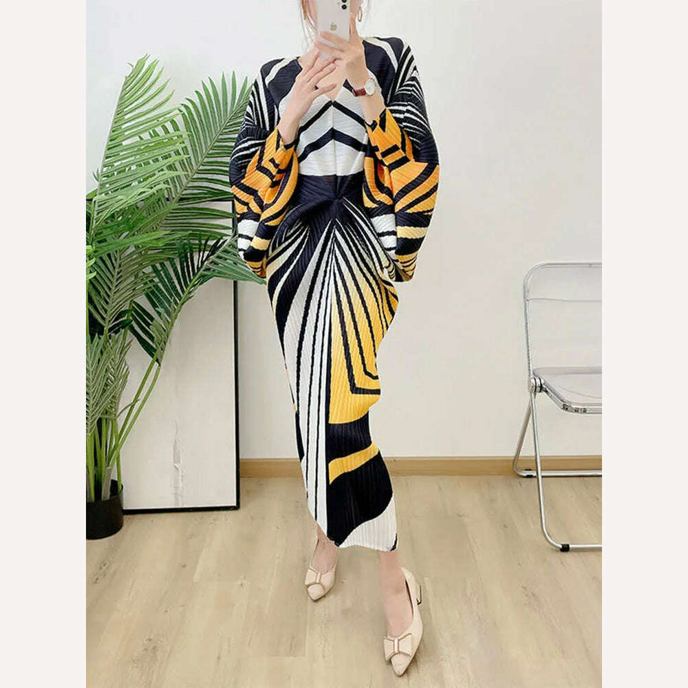 KIMLUD, LANMREM Zebra Stripes Printing Pleated Dress Women Batwing Sleeves V  Neck Long Length Female Chic Party Dresses Elegant 2R2950, KIMLUD Womens Clothes