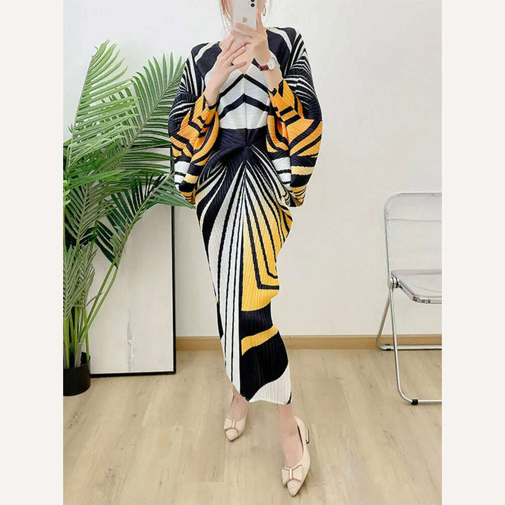 KIMLUD, LANMREM Zebra Stripes Printing Pleated Dress Women Batwing Sleeves V Neck Long Length Female Chic Party Dresses Elegant 2R2950, KIMLUD Womens Clothes