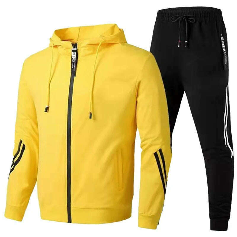 KIMLUD, Men Autumn Winter Sport Suits Casual Outdoor Zipper Jackets and Sweatpants Jogging Set Male Fleece Hoodie Tracksuit, Yellow / 4XL, KIMLUD Womens Clothes