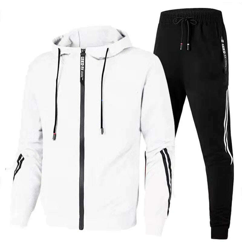 KIMLUD, Men Autumn Winter Sport Suits Casual Outdoor Zipper Jackets and Sweatpants Jogging Set Male Fleece Hoodie Tracksuit, WHITE / 4XL, KIMLUD Womens Clothes