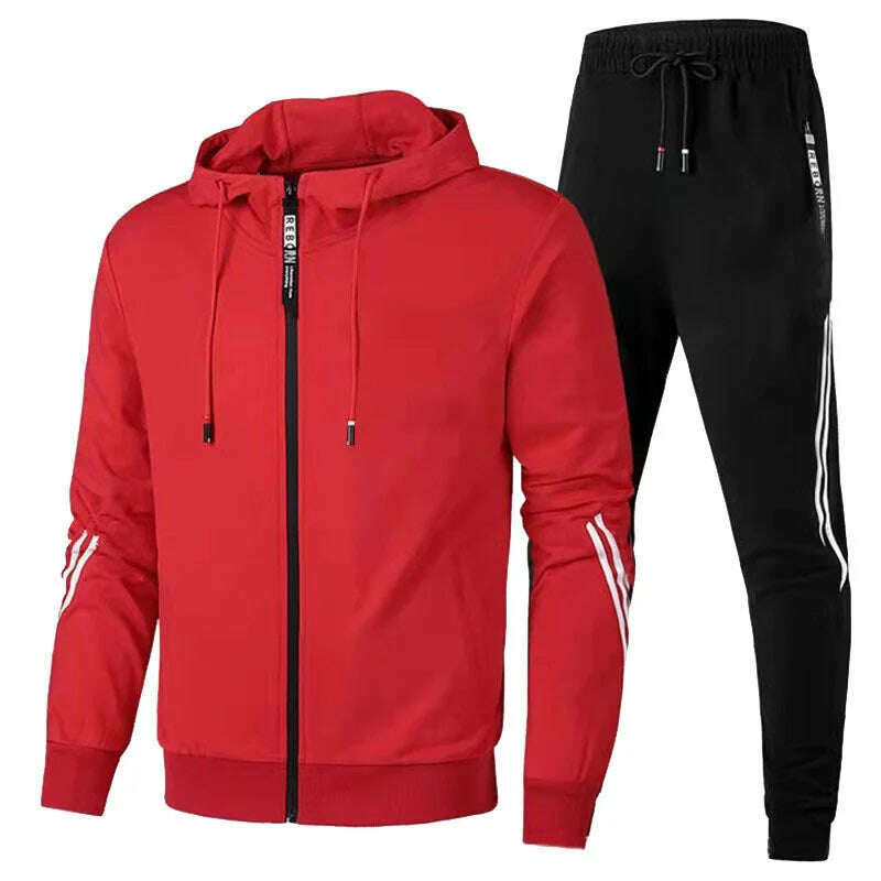 KIMLUD, Men Autumn Winter Sport Suits Casual Outdoor Zipper Jackets and Sweatpants Jogging Set Male Fleece Hoodie Tracksuit, Red / 4XL, KIMLUD Womens Clothes