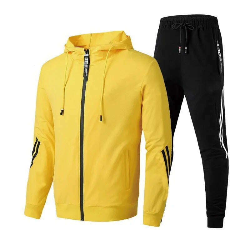 KIMLUD, Men Casual Tracksuit Zipper Hoodies Top And Sweatpants 2pcs Set 2024 Male Outdoor Jogging Jackets Clothes Sport Man Pants Suit, Yellow / 3XL, KIMLUD Womens Clothes