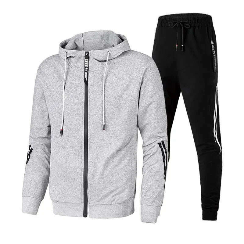 KIMLUD, Men Casual Tracksuit Zipper Hoodies Top And Sweatpants 2pcs Set 2024 Male Outdoor Jogging Jackets Clothes Sport Man Pants Suit, Grey / M, KIMLUD Womens Clothes