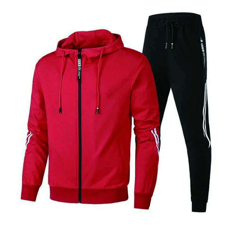 KIMLUD, Men Casual Tracksuit Zipper Hoodies Top And Sweatpants 2pcs Set 2024 Male Outdoor Jogging Jackets Clothes Sport Man Pants Suit, Red / 2XL, KIMLUD Womens Clothes
