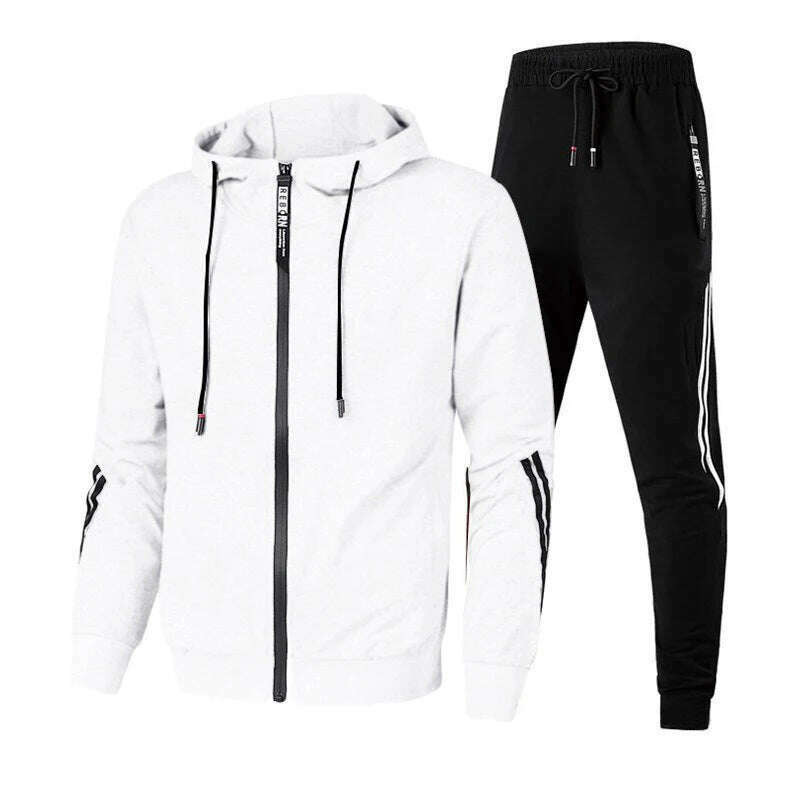 KIMLUD, Men Casual Tracksuit Zipper Hoodies Top And Sweatpants 2pcs Set 2024 Male Outdoor Jogging Jackets Clothes Sport Man Pants Suit, White / 2XL, KIMLUD Womens Clothes