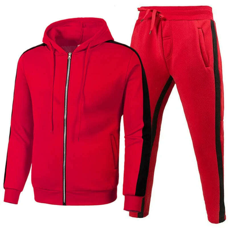 KIMLUD, Men Casual Tracksuit Zipper Hoodies Top And Sweatpants 2pcs Set 2024 Male Outdoor Jogging Jackets Clothes Sport Man Pants Suit, Red / XXXL, KIMLUD Womens Clothes