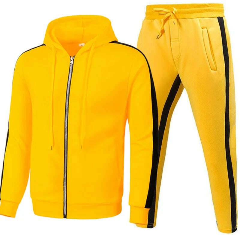 KIMLUD, Men Casual Tracksuit Zipper Hoodies Top And Sweatpants 2pcs Set 2024 Male Outdoor Jogging Jackets Clothes Sport Man Pants Suit, Yellow / M, KIMLUD Womens Clothes