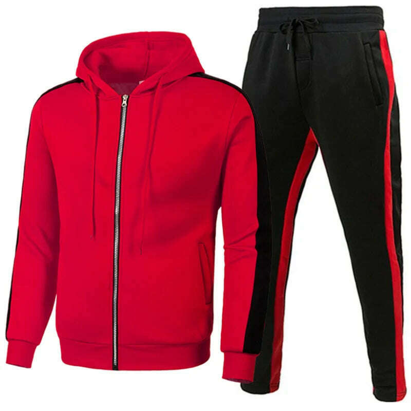 KIMLUD, Men Casual Tracksuit Zipper Hoodies Top And Sweatpants 2pcs Set 2024 Male Outdoor Jogging Jackets Clothes Sport Man Pants Suit, Red Black / XL, KIMLUD Womens Clothes