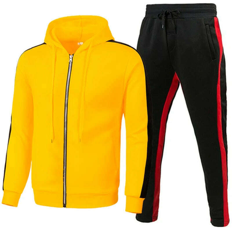 KIMLUD, Men Casual Tracksuit Zipper Hoodies Top And Sweatpants 2pcs Set 2024 Male Outdoor Jogging Jackets Clothes Sport Man Pants Suit, yellow black / M, KIMLUD Womens Clothes
