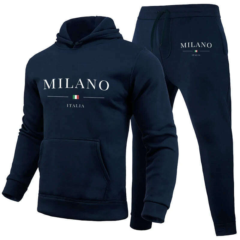 KIMLUD, Men's Luxury Hoodie Set Milano Print Sweatshirt Sweatpant for Male Hooded Tops Jogging Trousers Suit Casual Streetwear Tracksuit, Navy Blue Set 01 / XXXL, KIMLUD Womens Clothes
