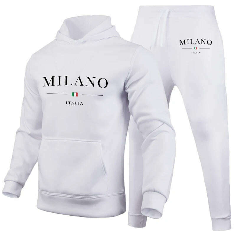 KIMLUD, Men's Luxury Hoodie Set Milano Print Sweatshirt Sweatpant for Male Hooded Tops Jogging Trousers Suit Casual Streetwear Tracksuit, White Set 01 / S, KIMLUD Womens Clothes