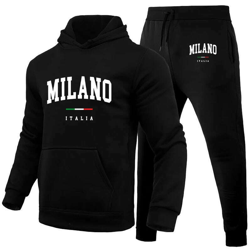 KIMLUD, Men's Luxury Hoodie Set Milano Print Sweatshirt Sweatpant for Male Hooded Tops Jogging Trousers Suit Casual Streetwear Tracksuit, Black Set 02 / XXXL, KIMLUD APPAREL - Womens Clothes