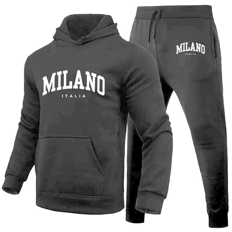 KIMLUD, Men's Luxury Hoodie Set Milano Print Sweatshirt Sweatpant for Male Hooded Tops Jogging Trousers Suit Casual Streetwear Tracksuit, Black Set 03 / M, KIMLUD Womens Clothes