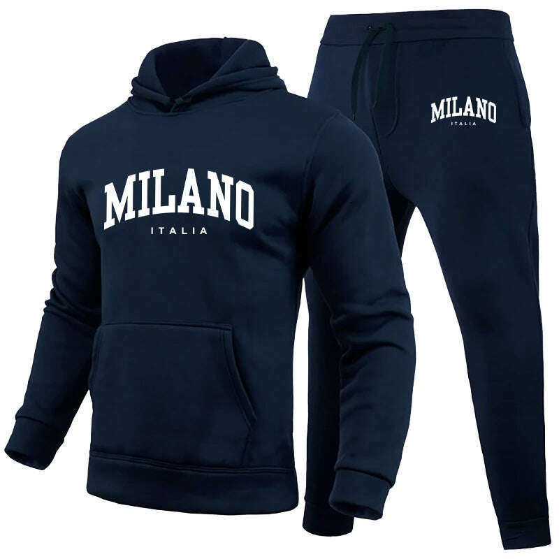 KIMLUD, Men's Luxury Hoodie Set Milano Print Sweatshirt Sweatpant for Male Hooded Tops Jogging Trousers Suit Casual Streetwear Tracksuit, Navy Blue Set 03 / S, KIMLUD Womens Clothes