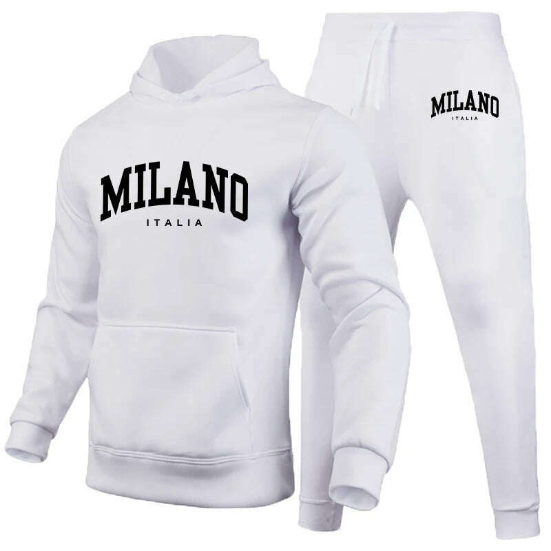 KIMLUD, Men's Luxury Hoodie Set Milano Print Sweatshirt Sweatpant for Male Hooded Tops Jogging Trousers Suit Casual Streetwear Tracksuit, White Set 03 / 4XL, KIMLUD Womens Clothes
