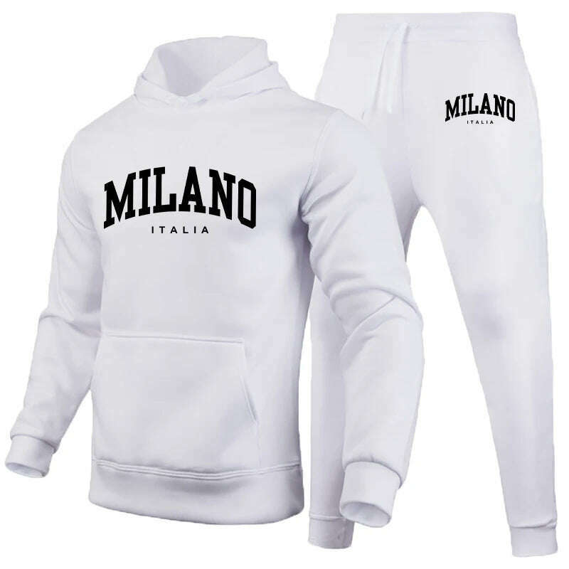 KIMLUD, Men's Luxury Hoodie Set Milano Print Sweatshirt Sweatpant for Male Hooded Tops Jogging Trousers Suit Casual Streetwear Tracksuit, White Set 03 / 4XL, KIMLUD APPAREL - Womens Clothes
