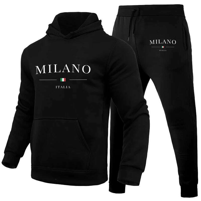 KIMLUD, Men's Luxury Hoodie Set Milano Print Sweatshirt Sweatpant for Male Hooded Tops Jogging Trousers Suit Casual Streetwear Tracksuit, Black Set 01 / XXXL, KIMLUD Womens Clothes
