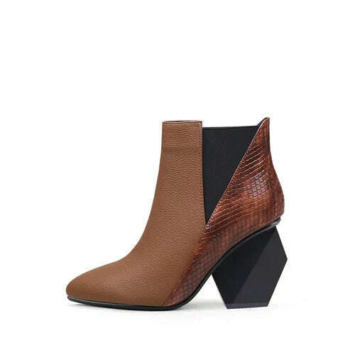 KIMLUD, Mixed colors snake print design 9cm super high cone heels pointed toe handmade classic elastic band women boots bHL453 MUYISEXI, Brown / 9, KIMLUD Women's Clothes