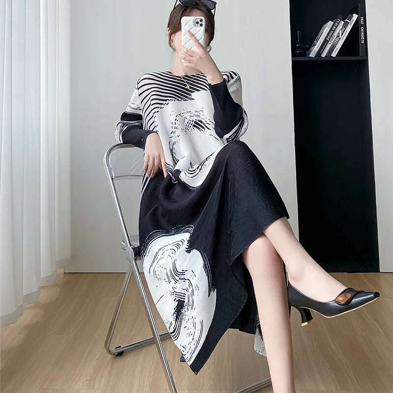 KIMLUD, Miyake Style Pleated Dress for Women 2023 Summer Fashion Print Round Neck Loose Plus Size Casual A- Line Luxury Evening Dresses, KIMLUD Womens Clothes