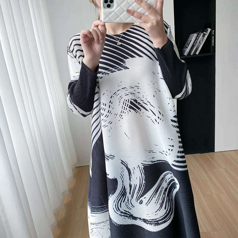 KIMLUD, Miyake Style Pleated Dress for Women 2023 Summer Fashion Print Round Neck Loose Plus Size Casual A- Line Luxury Evening Dresses, KIMLUD Womens Clothes