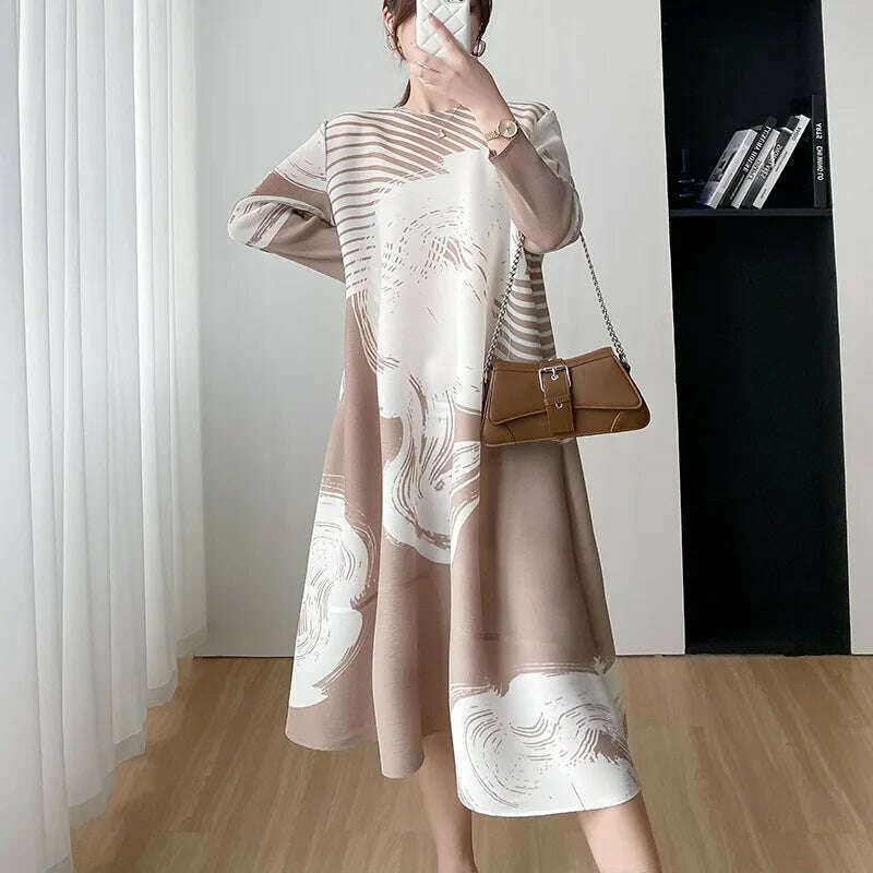 KIMLUD, Miyake Style Pleated Dress for Women 2023 Summer Fashion Print Round Neck Loose Plus Size Casual A- Line Luxury Evening Dresses, KIMLUD Womens Clothes