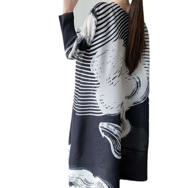 KIMLUD, Miyake Style Pleated Dress for Women 2023 Summer Fashion Print Round Neck Loose Plus Size Casual A- Line Luxury Evening Dresses, KIMLUD Womens Clothes