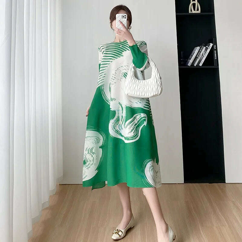 KIMLUD, Miyake Style Pleated Dress for Women 2023 Summer Fashion Print Round Neck Loose Plus Size Casual A- Line Luxury Evening Dresses, Green / One Size, KIMLUD APPAREL - Womens Clothes