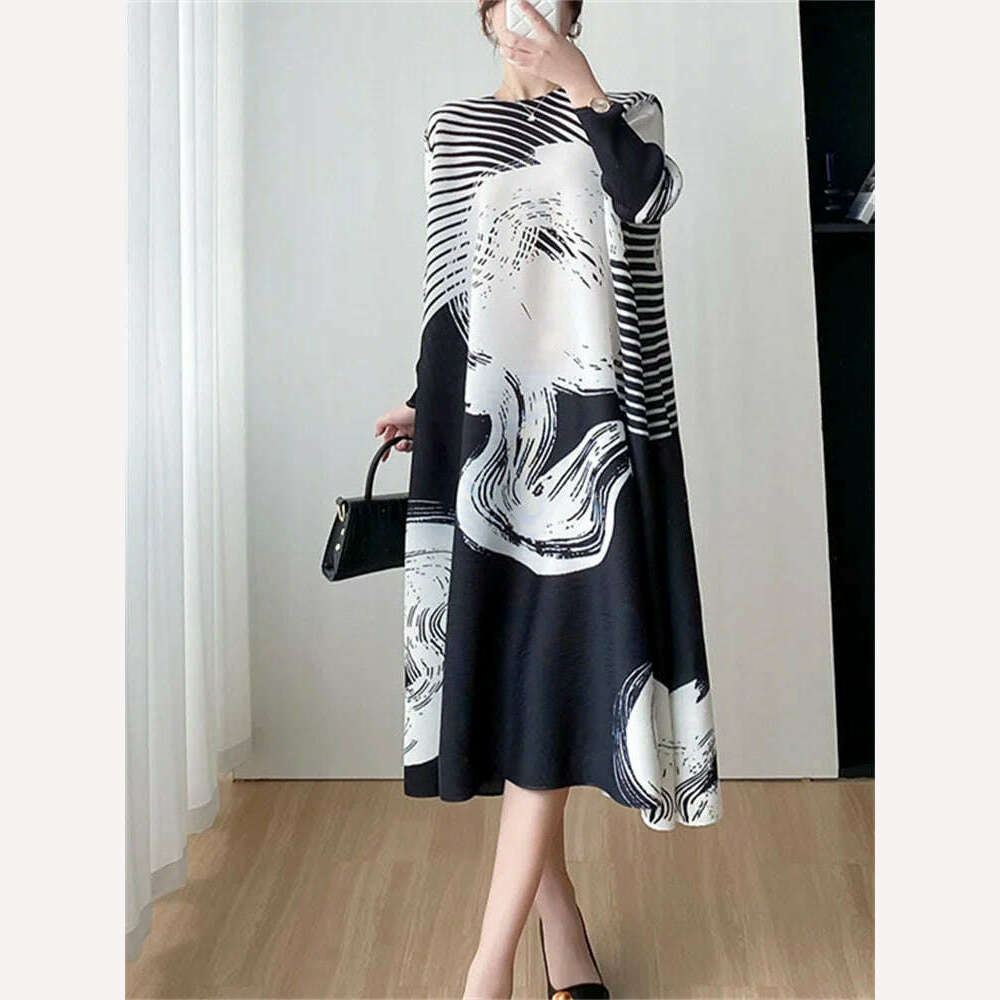 KIMLUD, Miyake Style Pleated Dress for Women 2023 Summer Fashion Print Round Neck Loose Plus Size Casual A- Line Luxury Evening Dresses, black / One Size, KIMLUD APPAREL - Womens Clothes