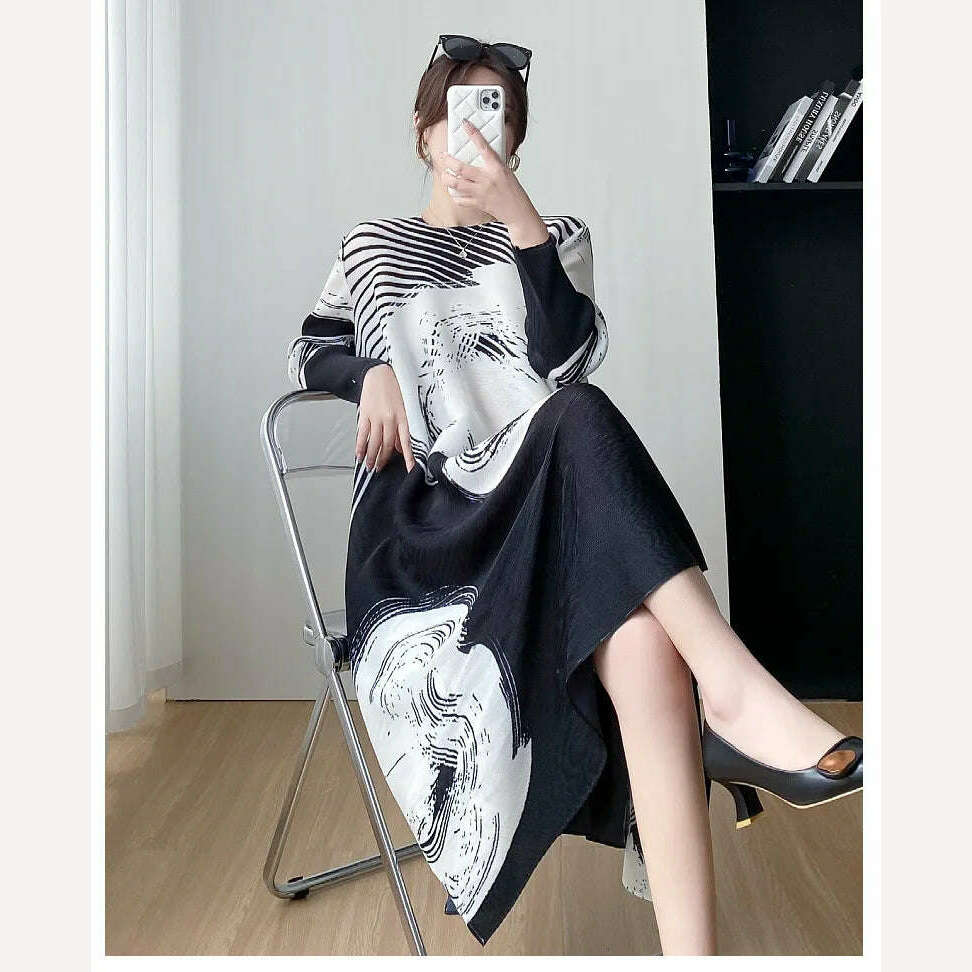 KIMLUD, Miyake Style Pleated Dress for Women 2023 Summer Fashion Print Round Neck Loose Plus Size Casual A- Line Luxury Evening Dresses, KIMLUD Womens Clothes