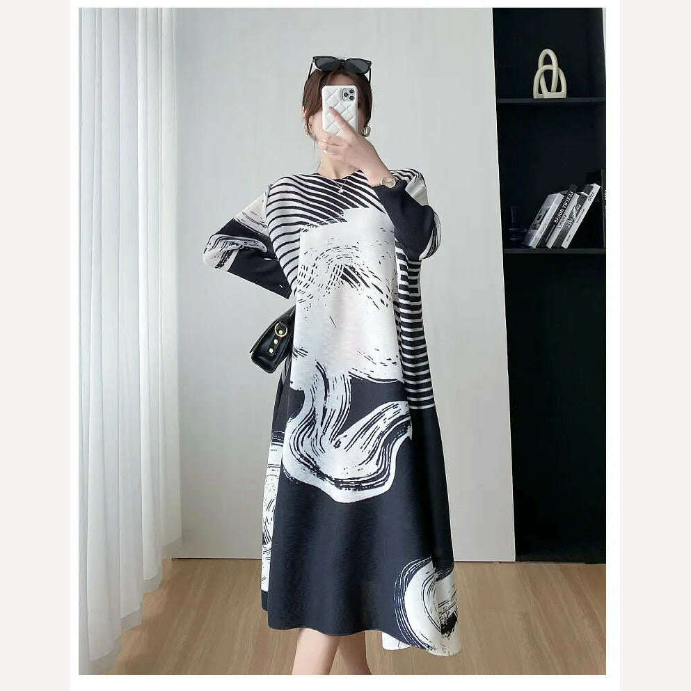 KIMLUD, Miyake Style Pleated Dress for Women 2023 Summer Fashion Print Round Neck Loose Plus Size Casual A- Line Luxury Evening Dresses, KIMLUD Womens Clothes