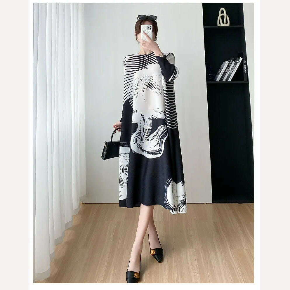 KIMLUD, Miyake Style Pleated Dress for Women 2023 Summer Fashion Print Round Neck Loose Plus Size Casual A- Line Luxury Evening Dresses, KIMLUD Womens Clothes