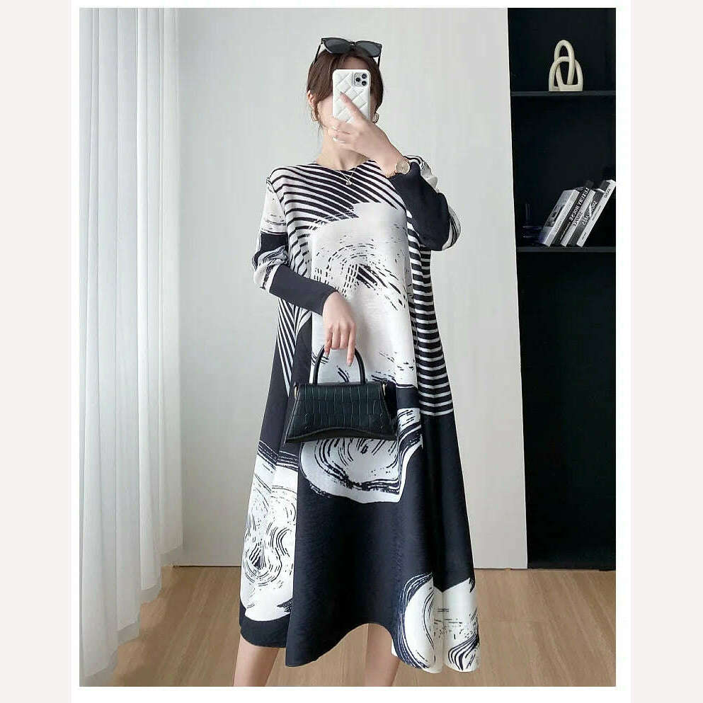 KIMLUD, Miyake Style Pleated Dress for Women 2023 Summer Fashion Print Round Neck Loose Plus Size Casual A- Line Luxury Evening Dresses, KIMLUD Womens Clothes