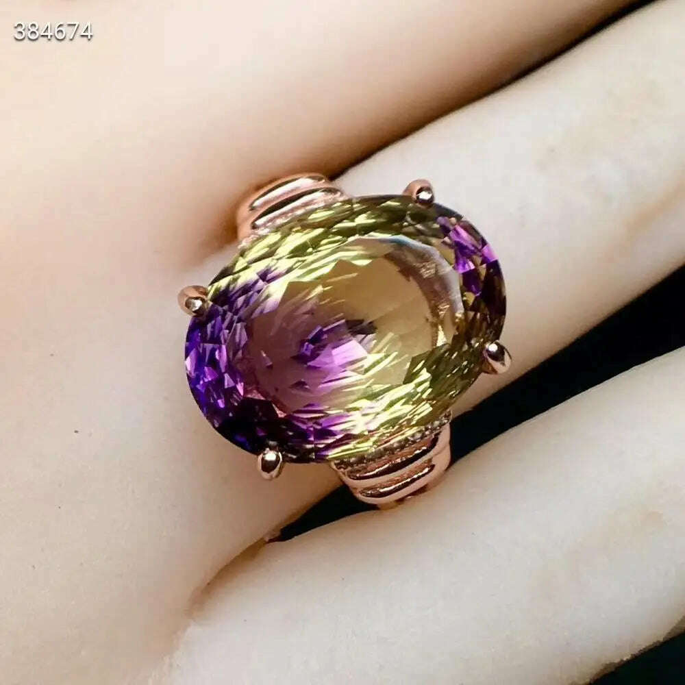 KIMLUD, Natural Purple Yellow Ametrine Quartz Resizable Ring Faceted Cut Women Adjustable Size Ring Ametrine 12*16mm Rare Gift AAAAAA, KIMLUD Womens Clothes