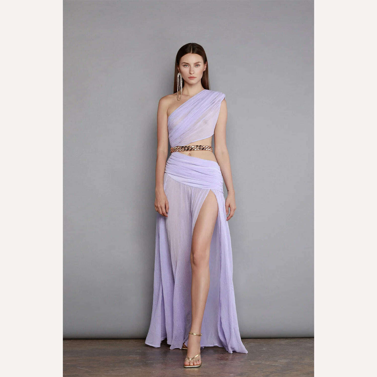 KIMLUD, New Summer Violet Color Sexy One Shoulder Golden Chain EXpose Waist High Split Floor Lenght Dress Celebrity Evening Party Outfit, KIMLUD Womens Clothes