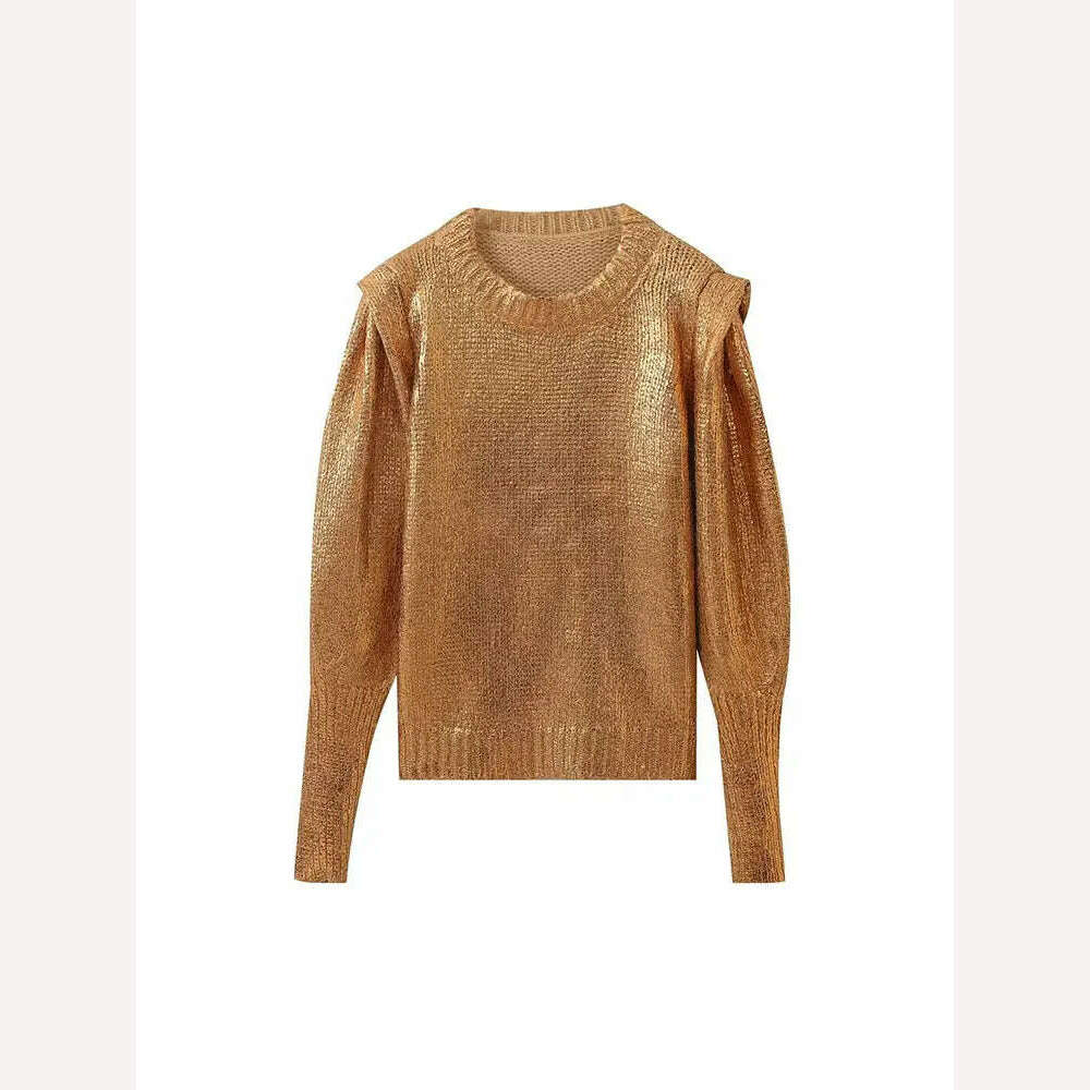 KIMLUD, Nlzgmsj TRAF Gold O-neck Sweater Woman Metallic Long Sleeve Knit Tops Autumn Winter Warm Sweaters Women Vintage Knitted Pullover, As Picture / S, KIMLUD APPAREL - Womens Clothes