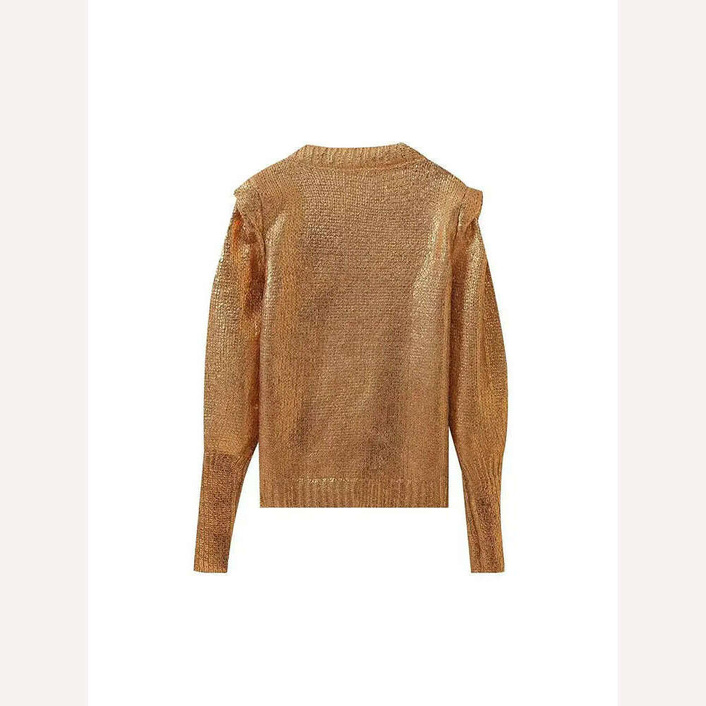 KIMLUD, Nlzgmsj TRAF Gold O-neck Sweater Woman Metallic Long Sleeve Knit Tops Autumn Winter Warm Sweaters Women Vintage Knitted Pullover, KIMLUD Womens Clothes