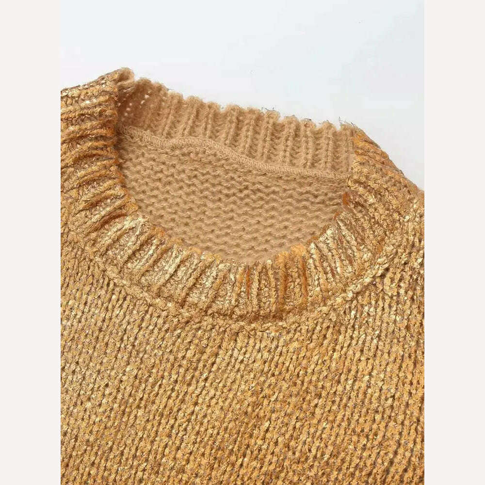 KIMLUD, Nlzgmsj TRAF Gold O-neck Sweater Woman Metallic Long Sleeve Knit Tops Autumn Winter Warm Sweaters Women Vintage Knitted Pullover, KIMLUD Womens Clothes