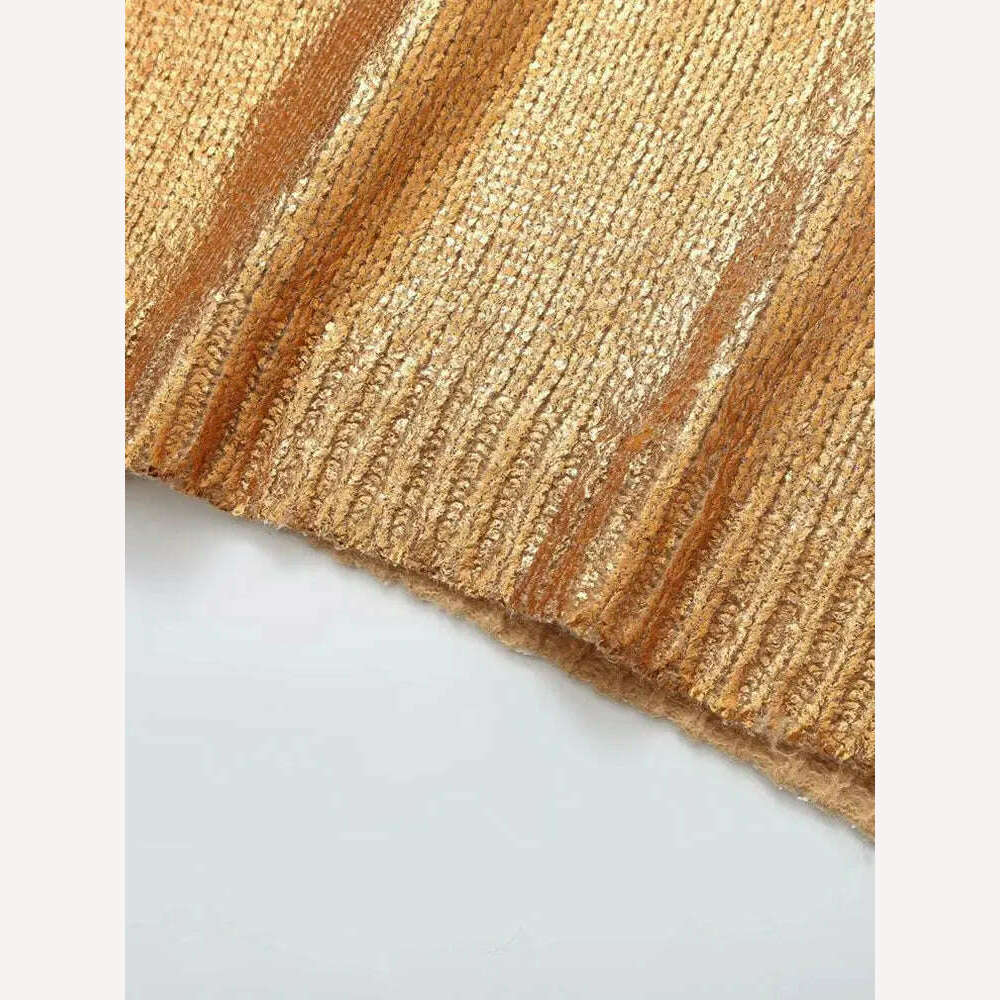 KIMLUD, Nlzgmsj TRAF Gold O-neck Sweater Woman Metallic Long Sleeve Knit Tops Autumn Winter Warm Sweaters Women Vintage Knitted Pullover, KIMLUD Womens Clothes