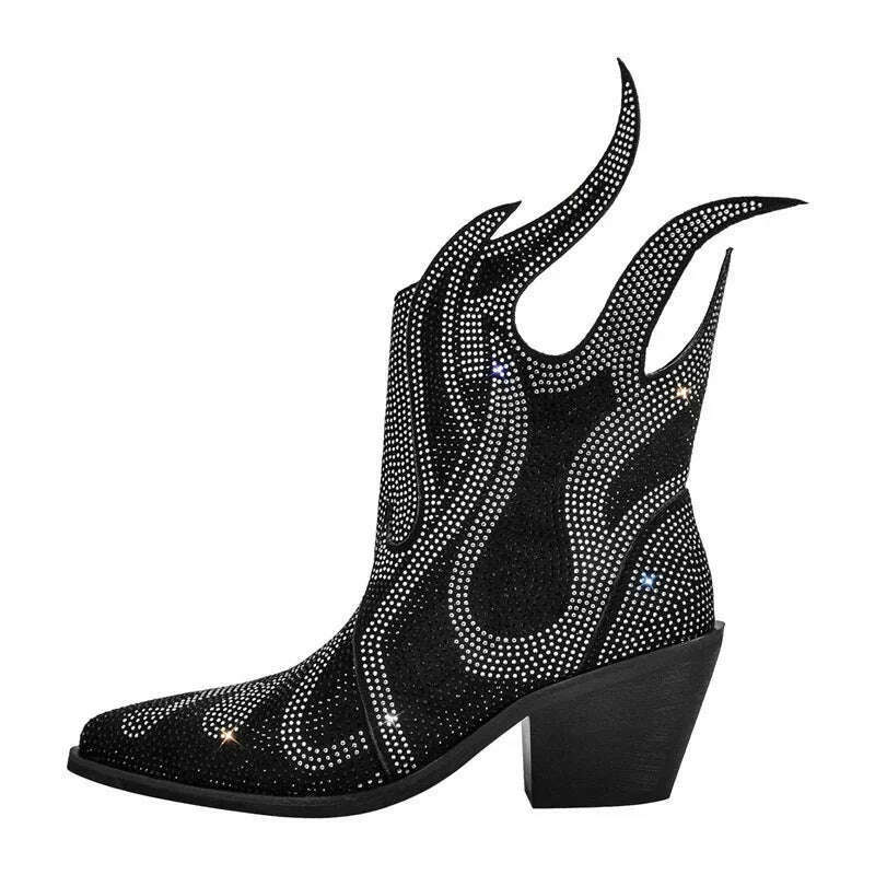 KIMLUD, Onlymaker Pointed Toe Flame Rhinestone Ankle Boots Glitter Bling Shiny Super Pretty Sparkly Gorgeous Dress Short Boots, KIMLUD Womens Clothes
