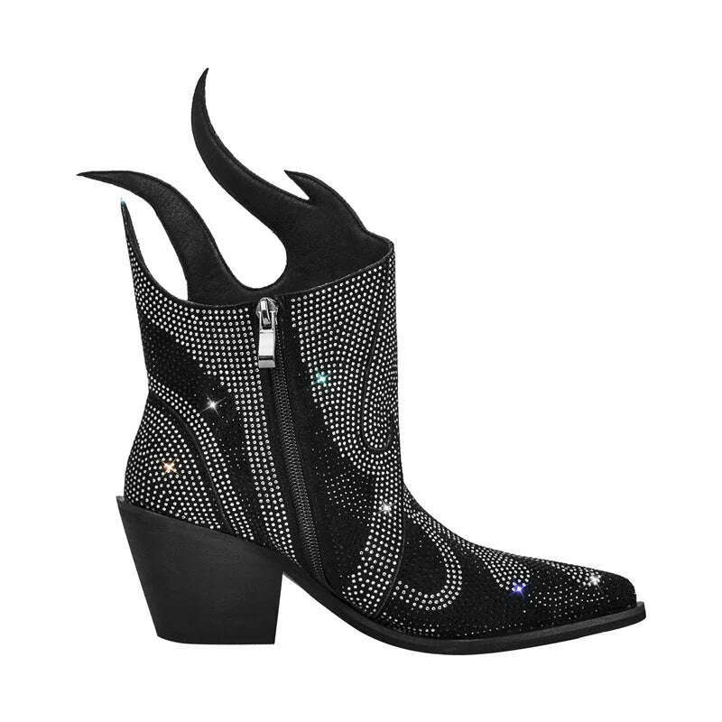 KIMLUD, Onlymaker Pointed Toe Flame Rhinestone Ankle Boots  Glitter Bling Shiny Super Pretty Sparkly Gorgeous Dress Short Boots, KIMLUD Women's Clothes