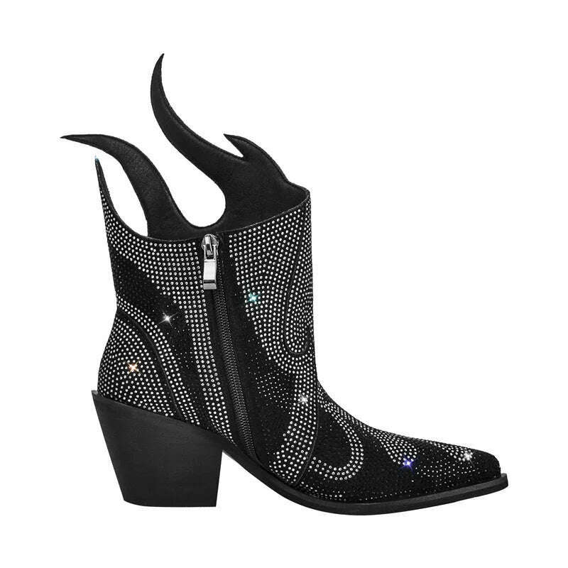 KIMLUD, Onlymaker Pointed Toe Flame Rhinestone Ankle Boots Glitter Bling Shiny Super Pretty Sparkly Gorgeous Dress Short Boots, KIMLUD Womens Clothes