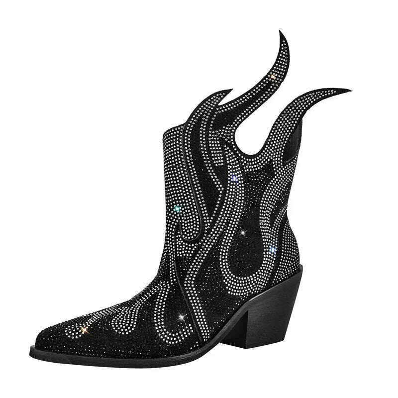 KIMLUD, Onlymaker Pointed Toe Flame Rhinestone Ankle Boots Glitter Bling Shiny Super Pretty Sparkly Gorgeous Dress Short Boots, KIMLUD Womens Clothes