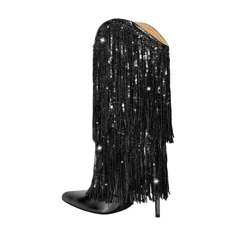 KIMLUD, Onlymaker Woman Pointed Toe Stilettos Sequin Fringe Boots Big Size Fashion Female Booties, KIMLUD Womens Clothes