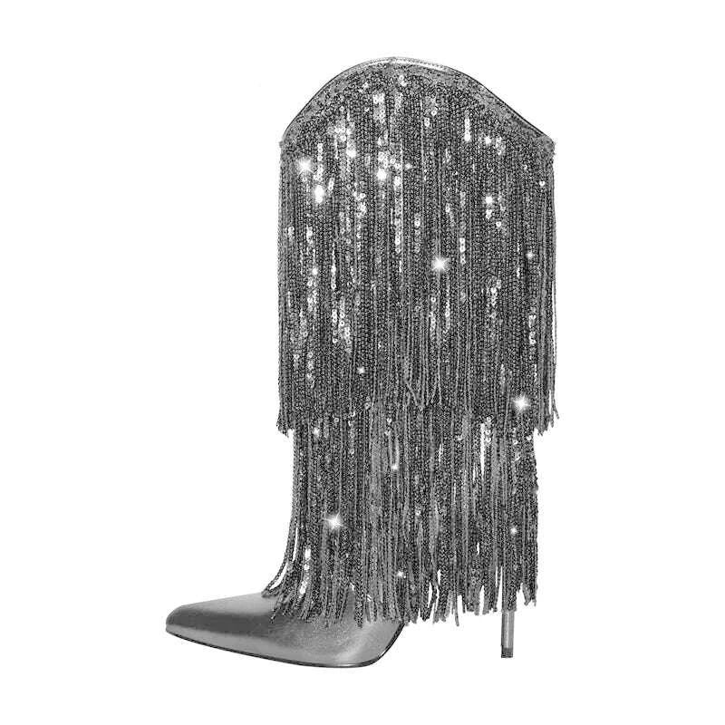 KIMLUD, Onlymaker Woman Pointed Toe Stilettos Sequin Fringe Boots Big Size Fashion Female Booties, KIMLUD Women's Clothes