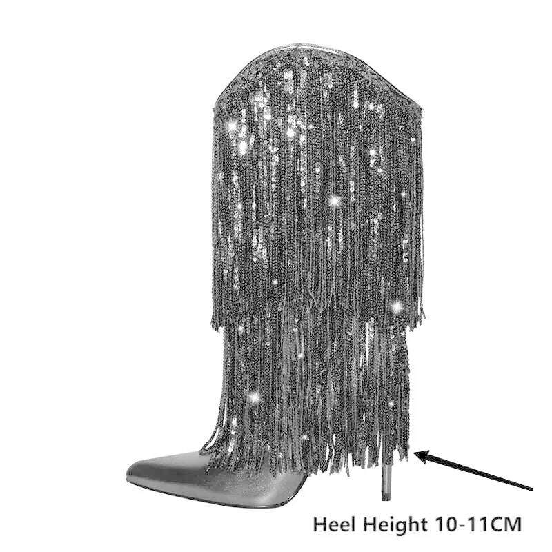 KIMLUD, Onlymaker Woman Pointed Toe Stilettos Sequin Fringe Boots Big Size Fashion Female Booties, KIMLUD Women's Clothes