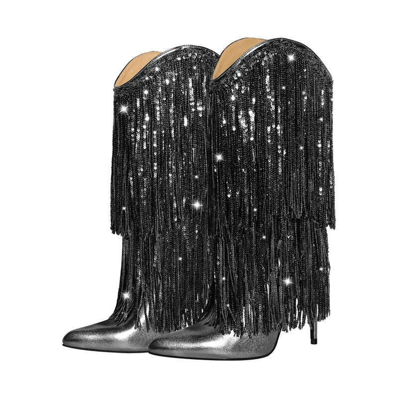 KIMLUD, Onlymaker Woman Pointed Toe Stilettos Sequin Fringe Boots Big Size Fashion Female Booties, CD230916A / 7, KIMLUD Women's Clothes