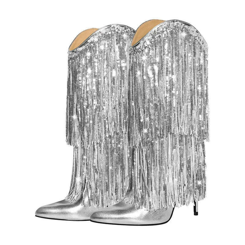 KIMLUD, Onlymaker Woman Pointed Toe Stilettos Sequin Fringe Boots Big Size Fashion Female Booties, CD230932C / 6, KIMLUD APPAREL - Womens Clothes