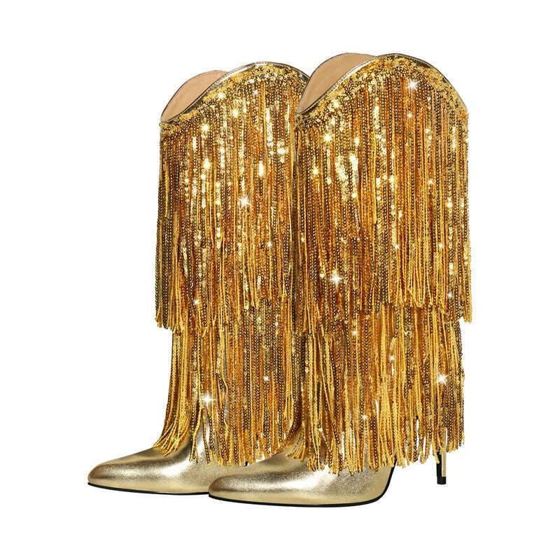 KIMLUD, Onlymaker Woman Pointed Toe Stilettos Sequin Fringe Boots Big Size Fashion Female Booties, CD230932B / 8, KIMLUD APPAREL - Womens Clothes