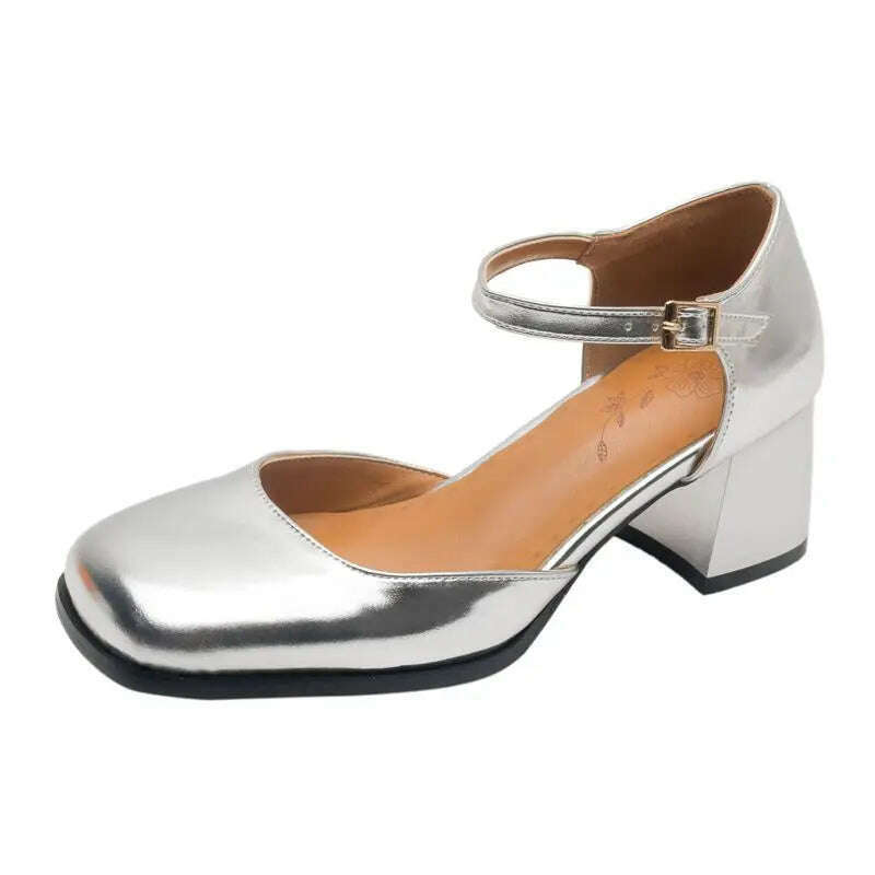 KIMLUD, ORCHA LISA Patent Leather Female Pumps 32 33 Square Toe Chunky Heels 6cm Buckle Strap Plus Size 45 46 Spring Elegant Daily Shoes, Silver / US15-EU46-28CM / CN, KIMLUD APPAREL - Womens Clothes