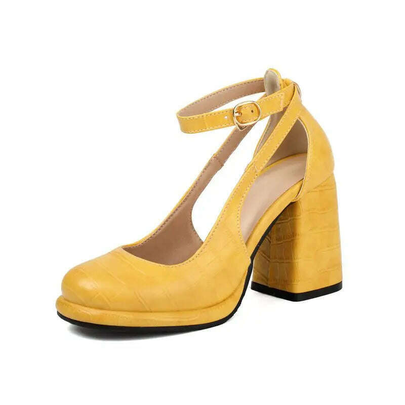 KIMLUD, ORCHALISA Fashion Women Pumps 32 33 Round Toe Block Heels 9cm Platform Plaid Ankle Buckle Strap Big Size 42 43 Sexy Dating Shoes, Yellow / EU32-21CM / CN, KIMLUD Women's Clothes